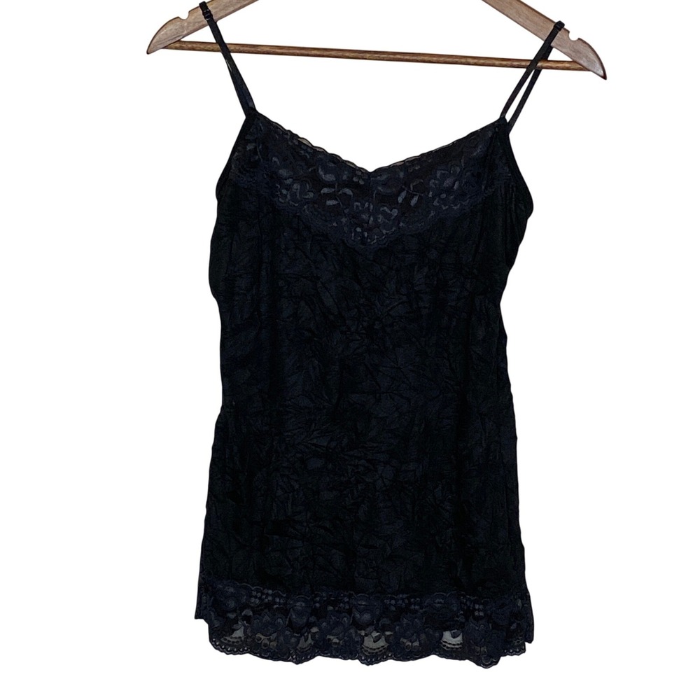 Maurices Womens Y2K Lace Trim Crinkle Cami Top Size M Black Preppy Whimsigoth